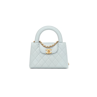 CHANELSHINY AGED CALFSKIN QUILTED NANO KELLY SHOPPER LIGHT BLUE AS4461 01 (19*13*6cm)